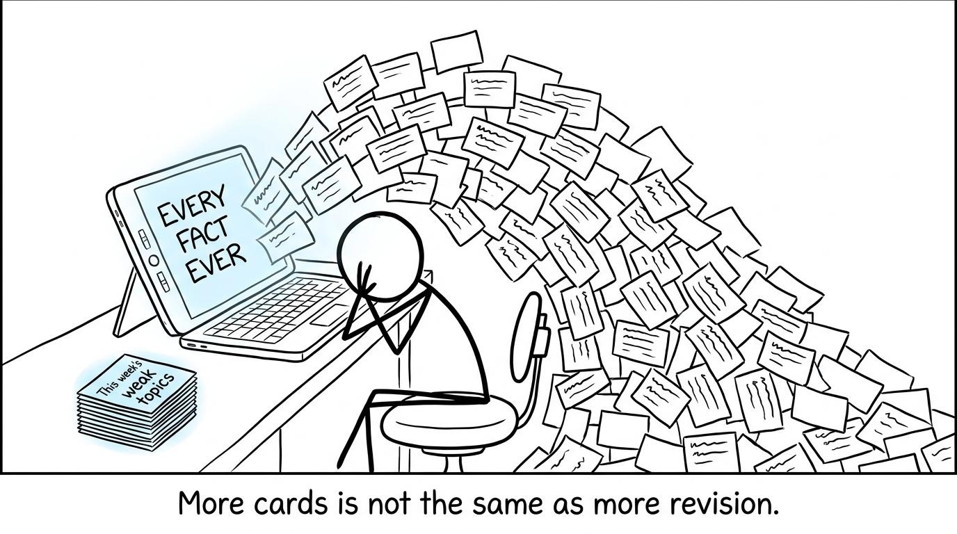 A student discovers that a gigantic flashcard deck is not automatically a useful one