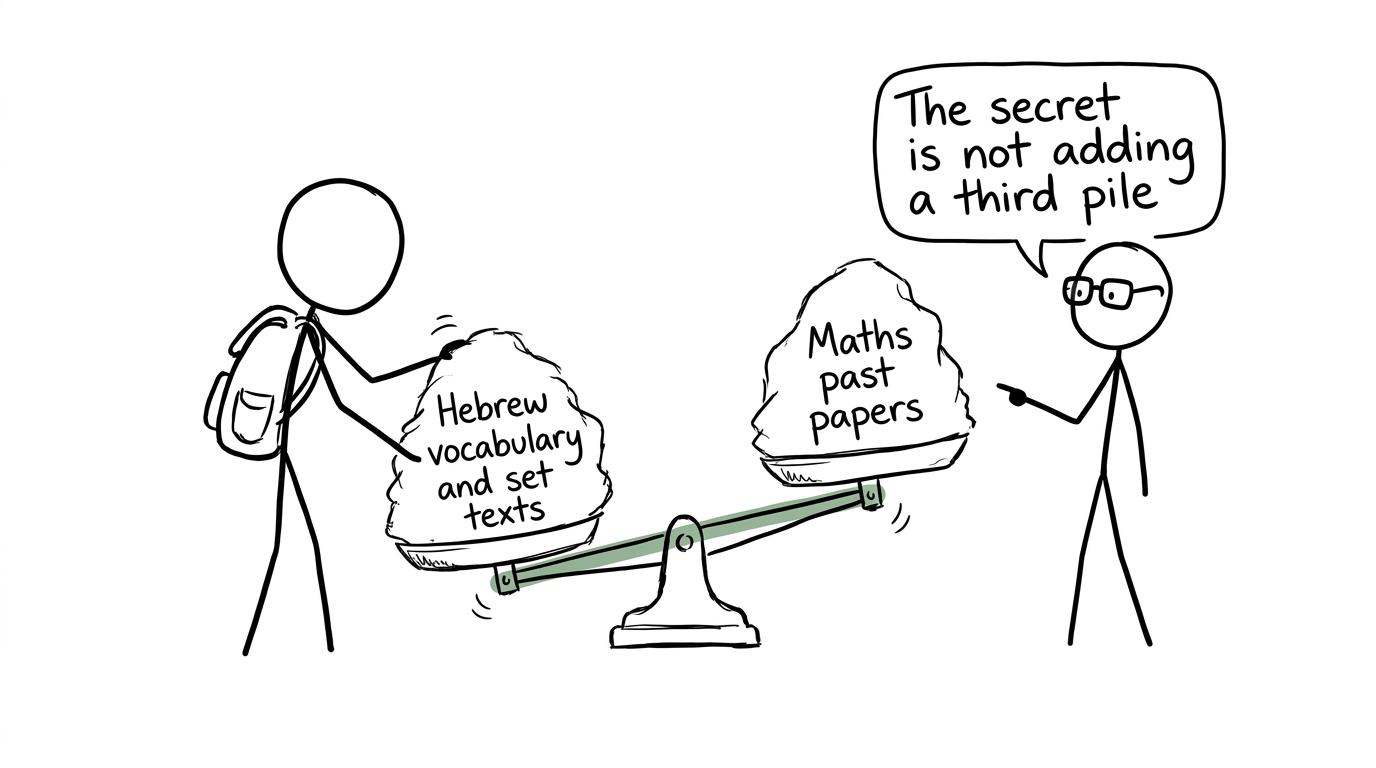 A student balancing Biblical Hebrew revision against maths past papers