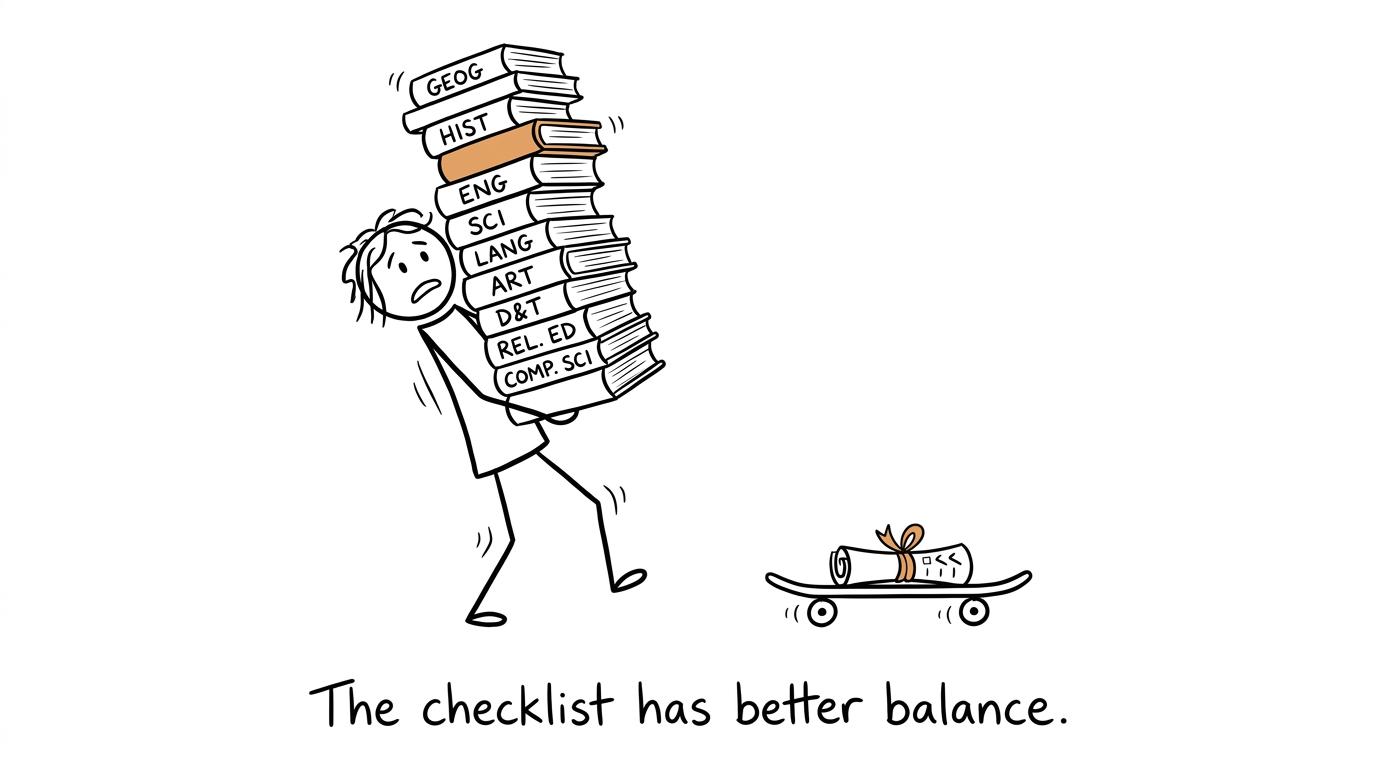 A tiny checklist overtaking a huge pile of revision books