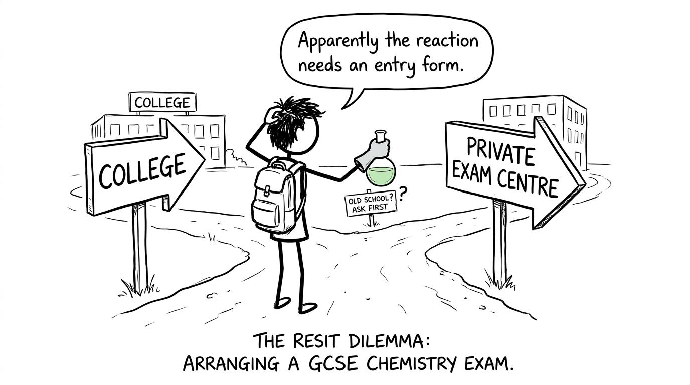 A student choosing between a college and private exam centre for a Chemistry resit