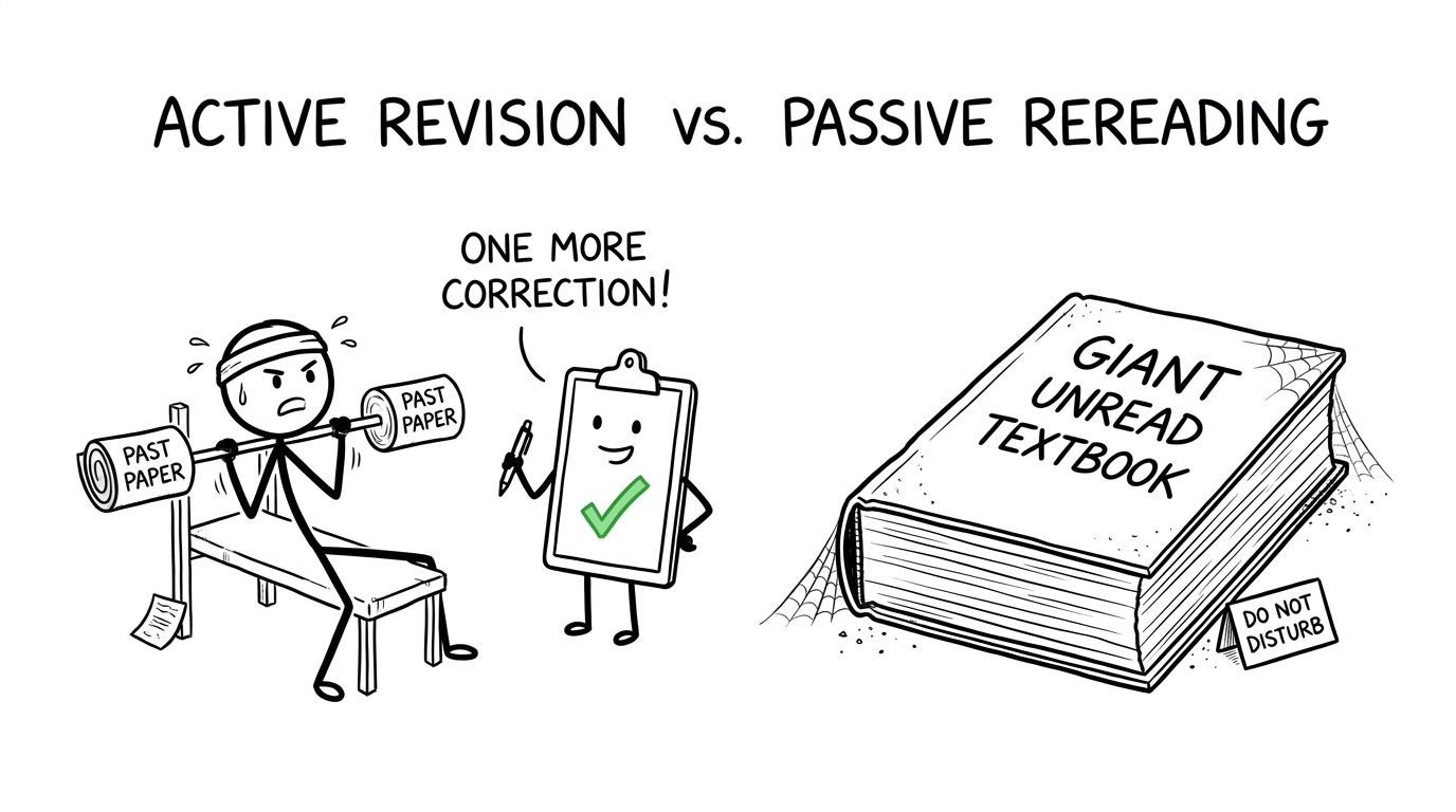 A student trains with past papers while an unread textbook gathers cobwebs