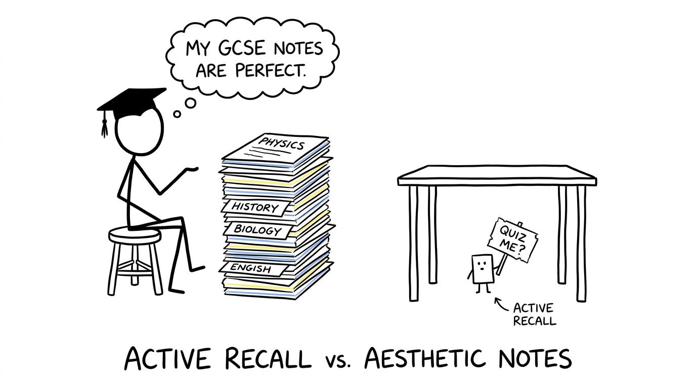 A proud student with rainbow notes overlooks the flashcard asking to be used