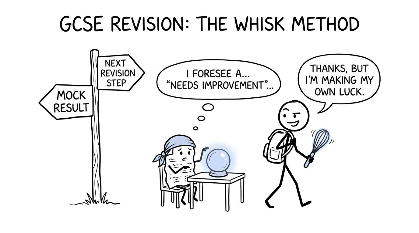 A mock paper poses as a fortune teller while the student follows the next-revision-step sign