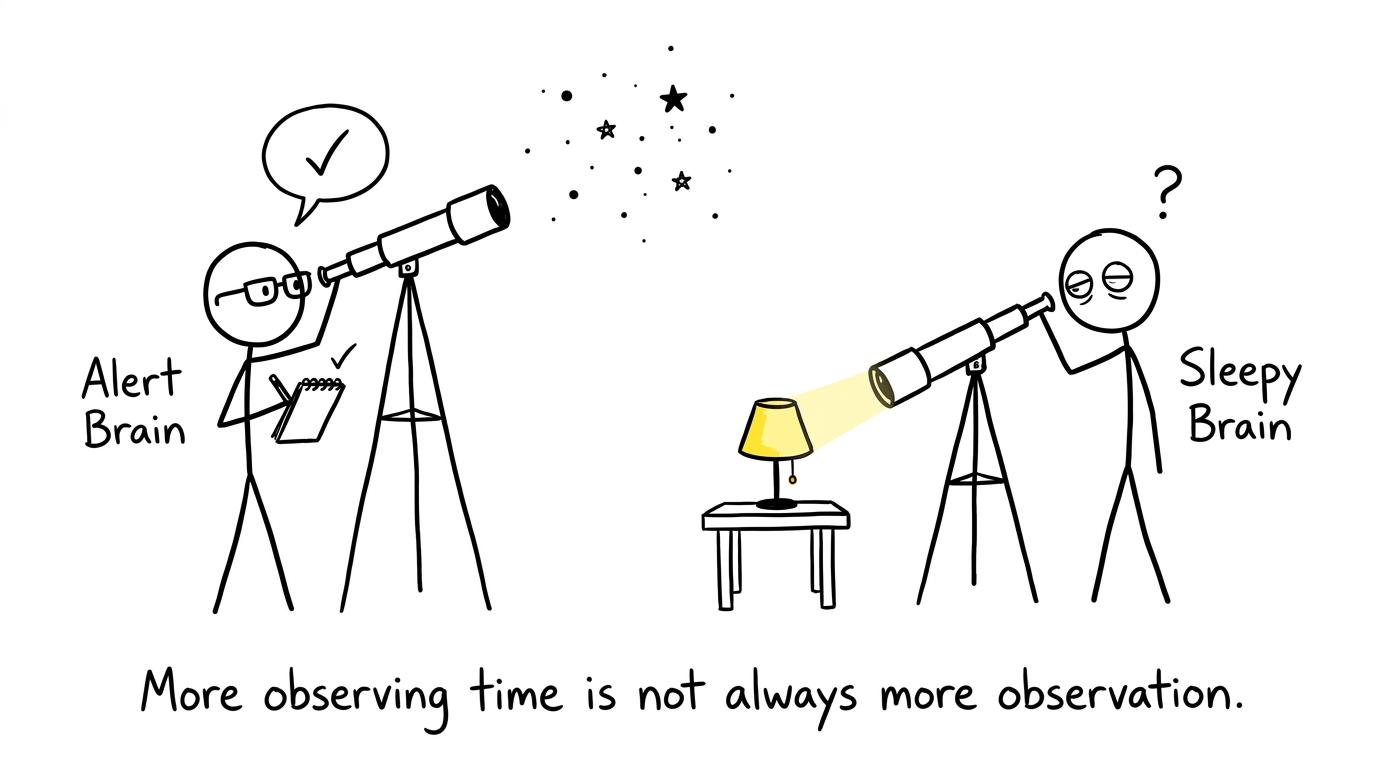 Two telescope operators show the difference between alert and sleepy observation