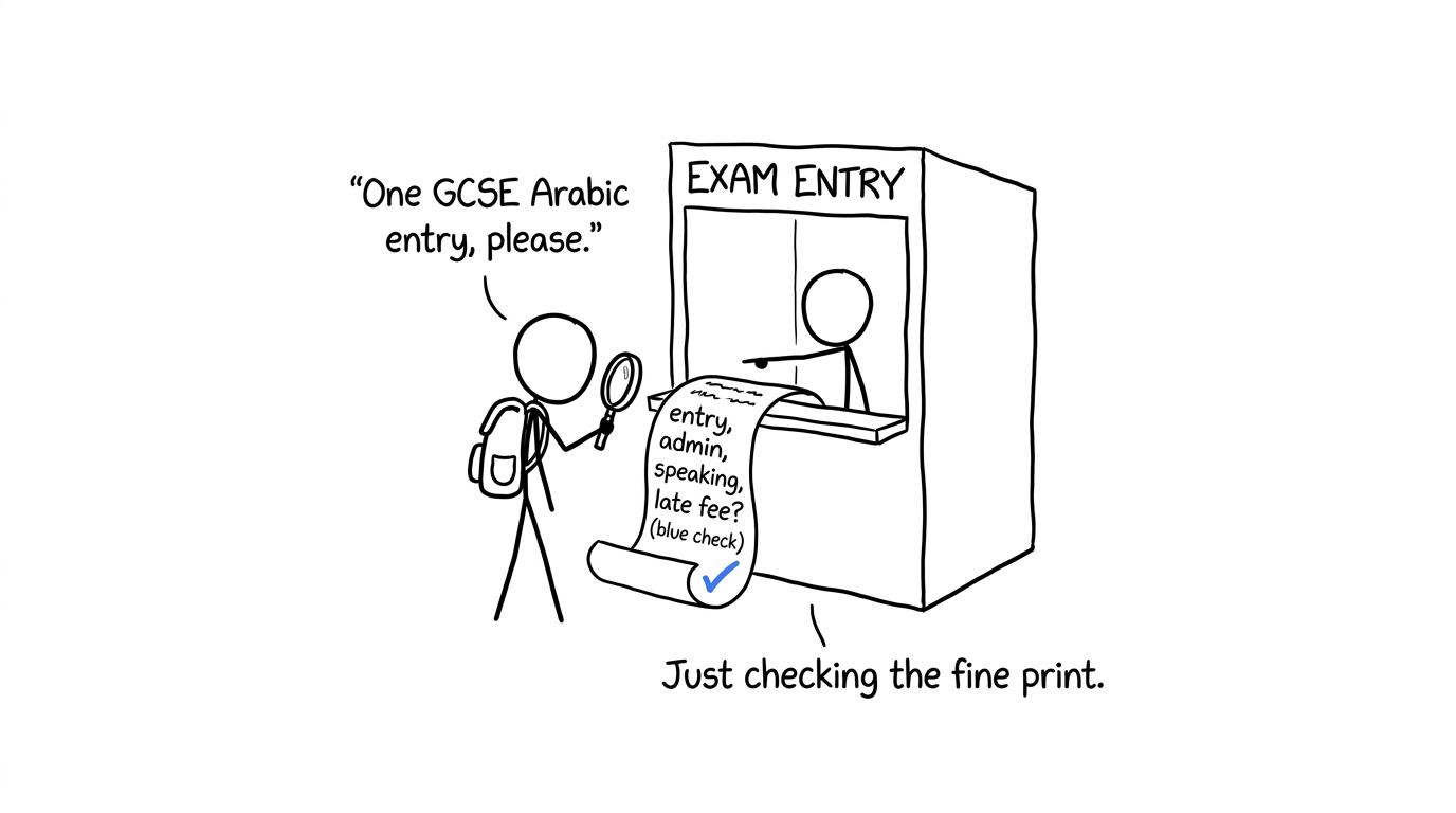 A student inspects a surprisingly detailed private exam entry receipt