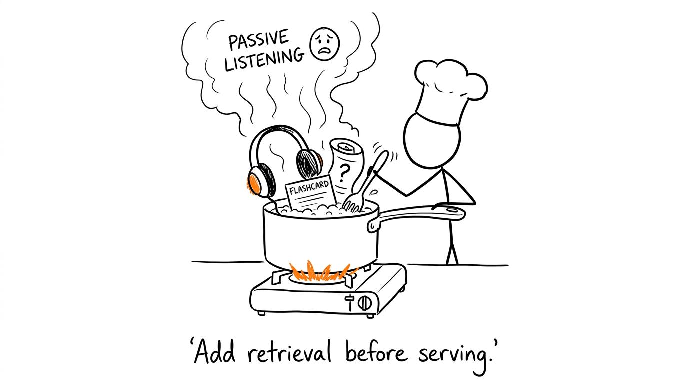 A revision recipe combines headphones, retrieval and an exam question