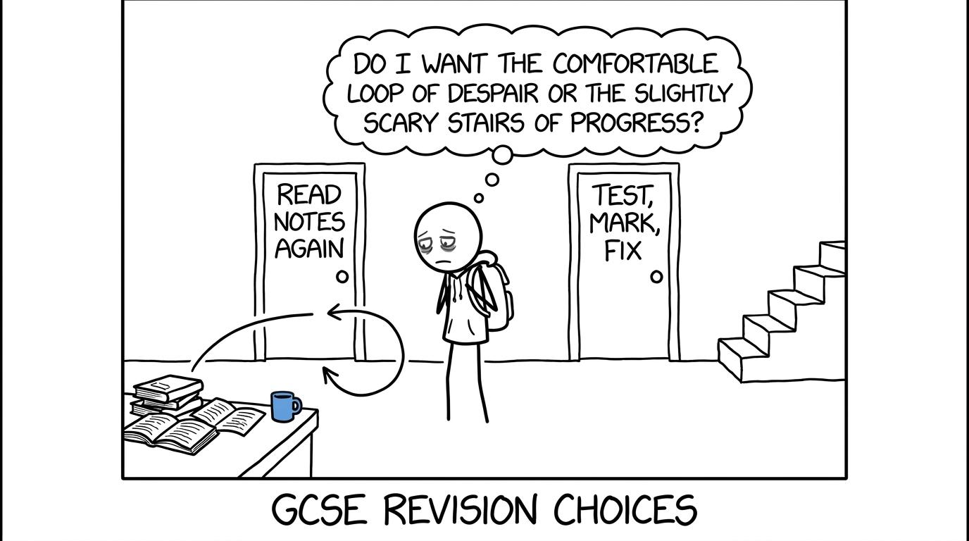 A student chooses between rereading notes and a test-mark-fix revision staircase
