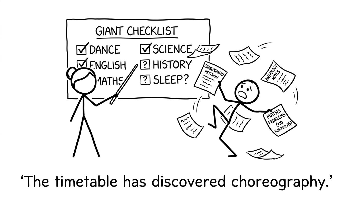 A revision timetable discovering choreography while a student balances GCSE subjects