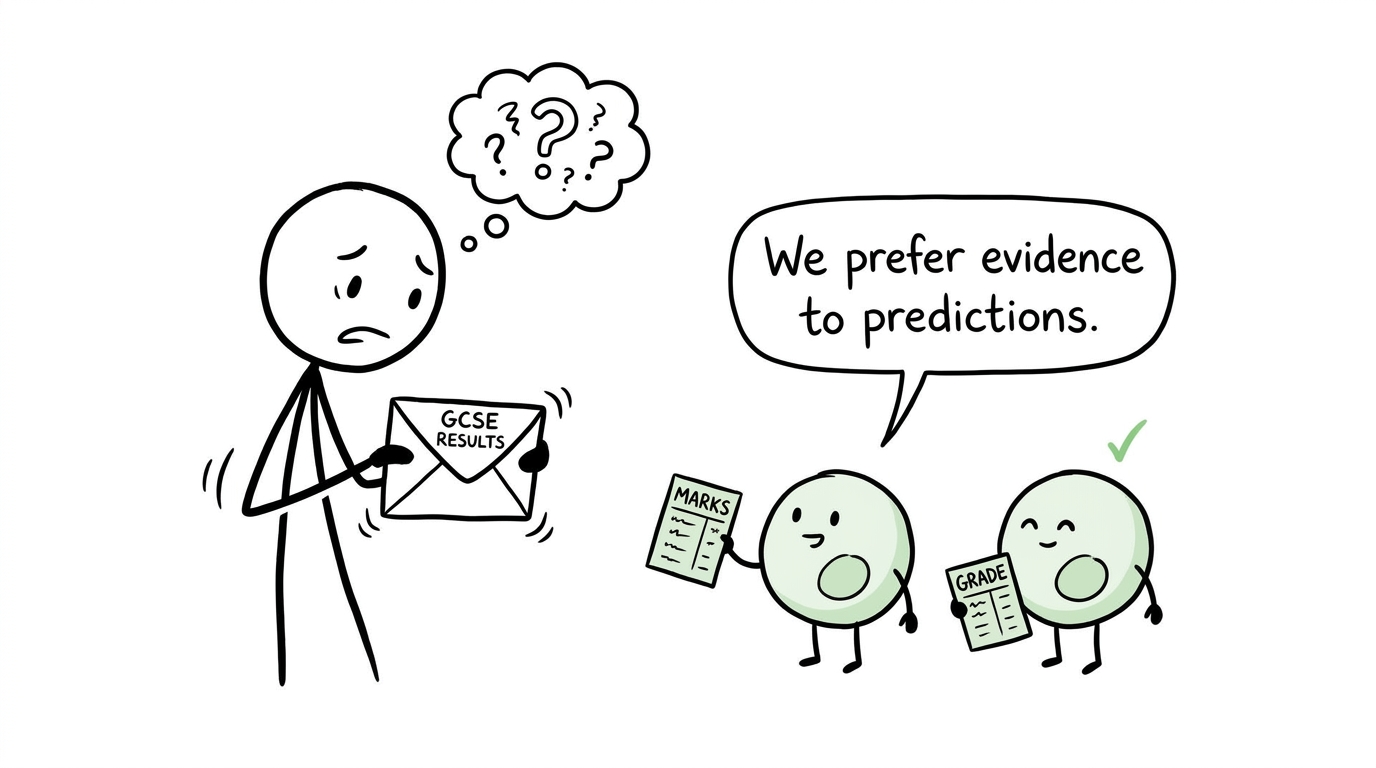 A student opens a results envelope while two biology cells discuss marks and grades