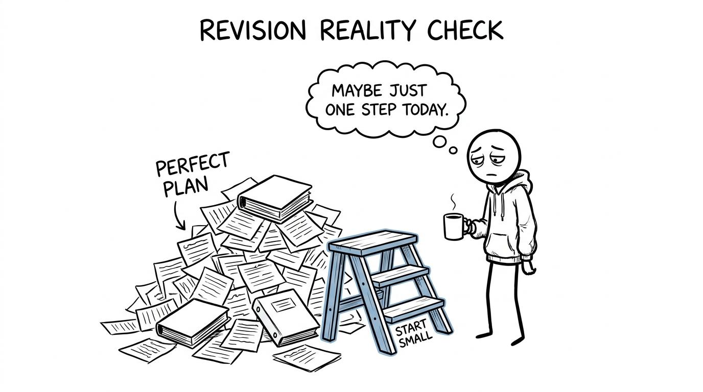 A collapsed perfect revision plan beside a small sturdy starting step