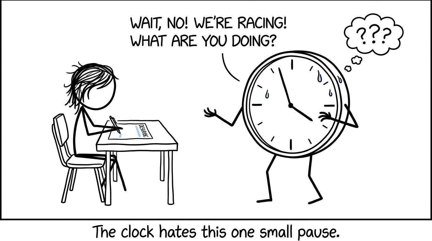 A student calmly pauses to identify the command word while racing an exam clock