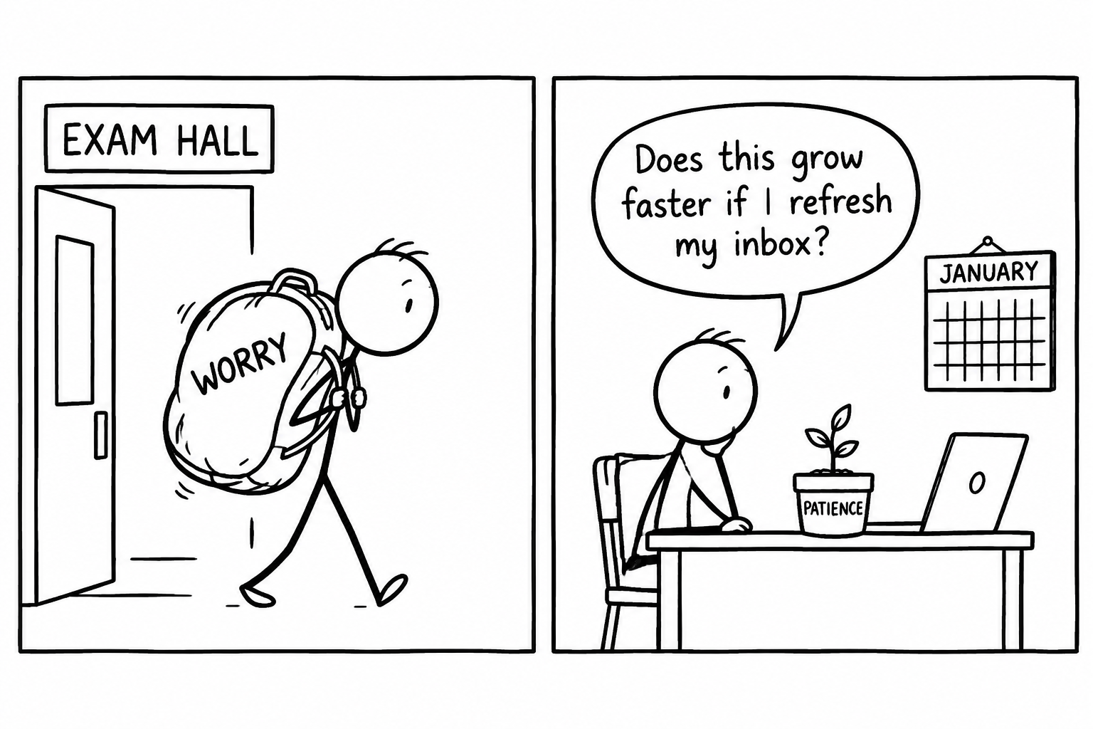A student waiting for January results wonders whether refreshing an inbox will make patience grow faster