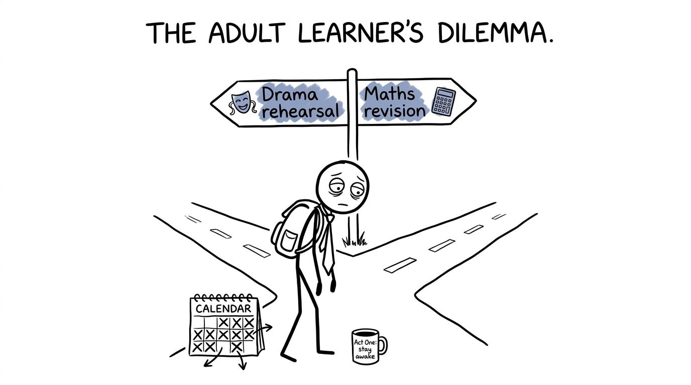 Adult learner choosing between drama rehearsal and maths revision