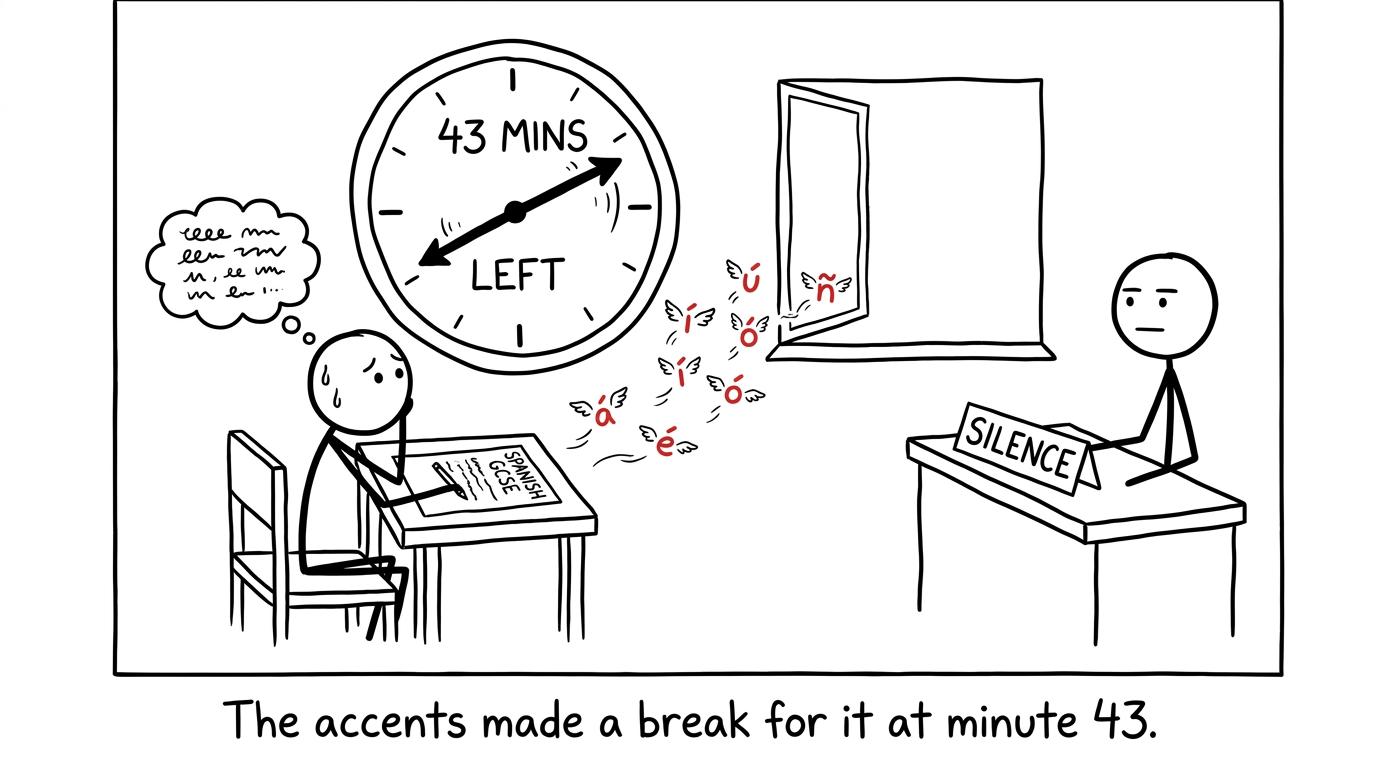 A student watches accent marks escape from a Spanish exam as the clock ticks