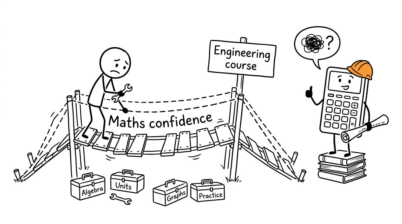 A calculator in a hard hat supervising a student repairing a bridge of maths confidence