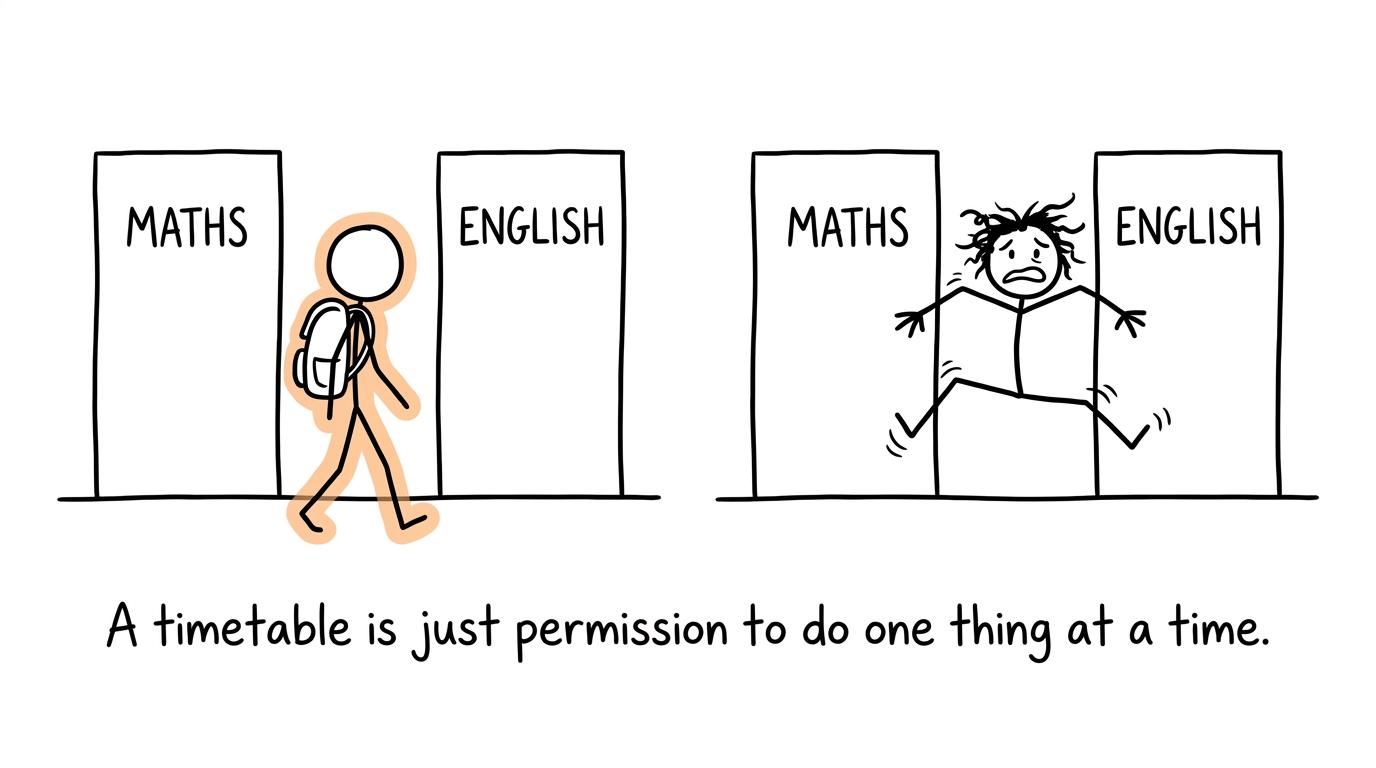 One student alternating calmly between maths and English while another tries to do both at once