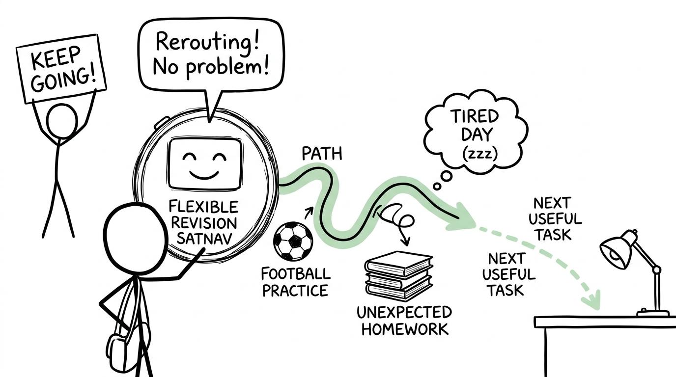 A revision satnav calmly reroutes around real life without abandoning the destination