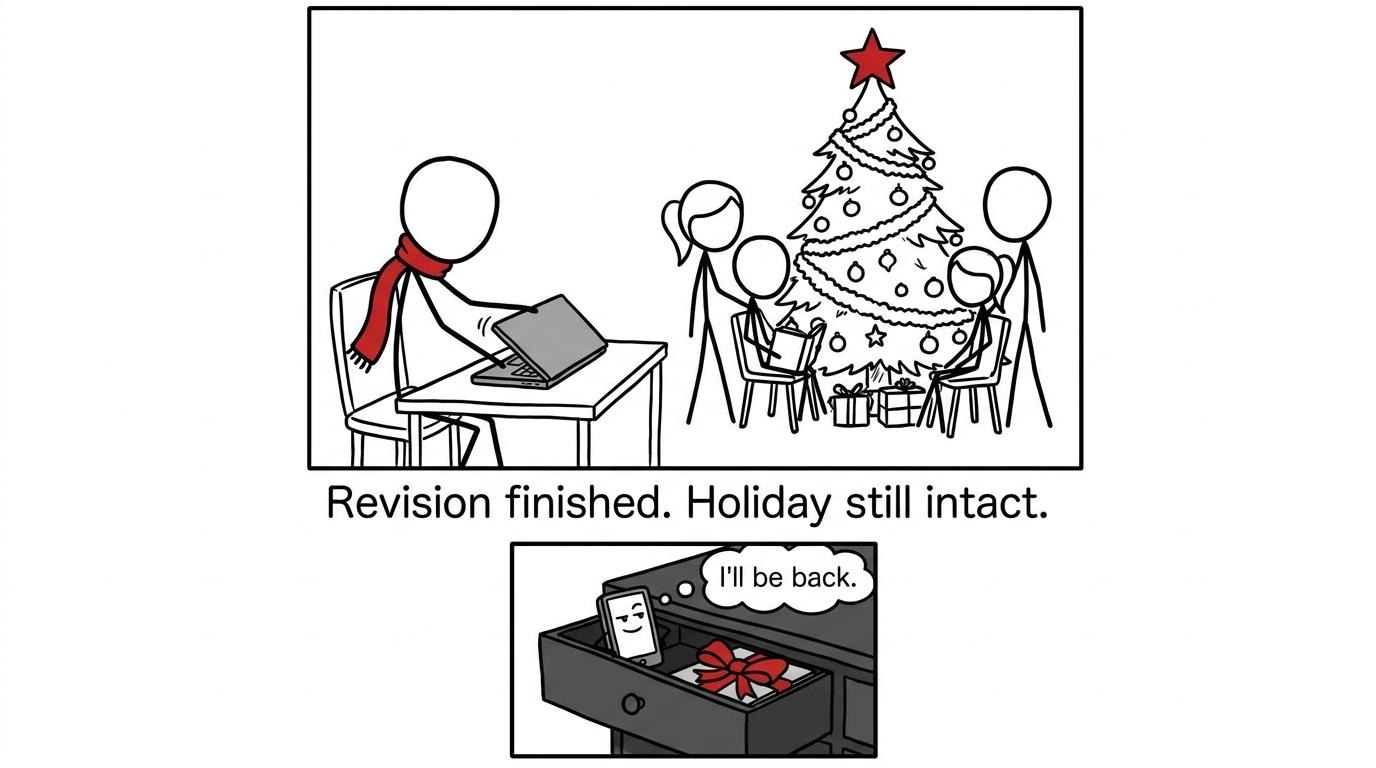 A student finishing revision and returning to the Christmas holiday while a phone sulks in a drawer
