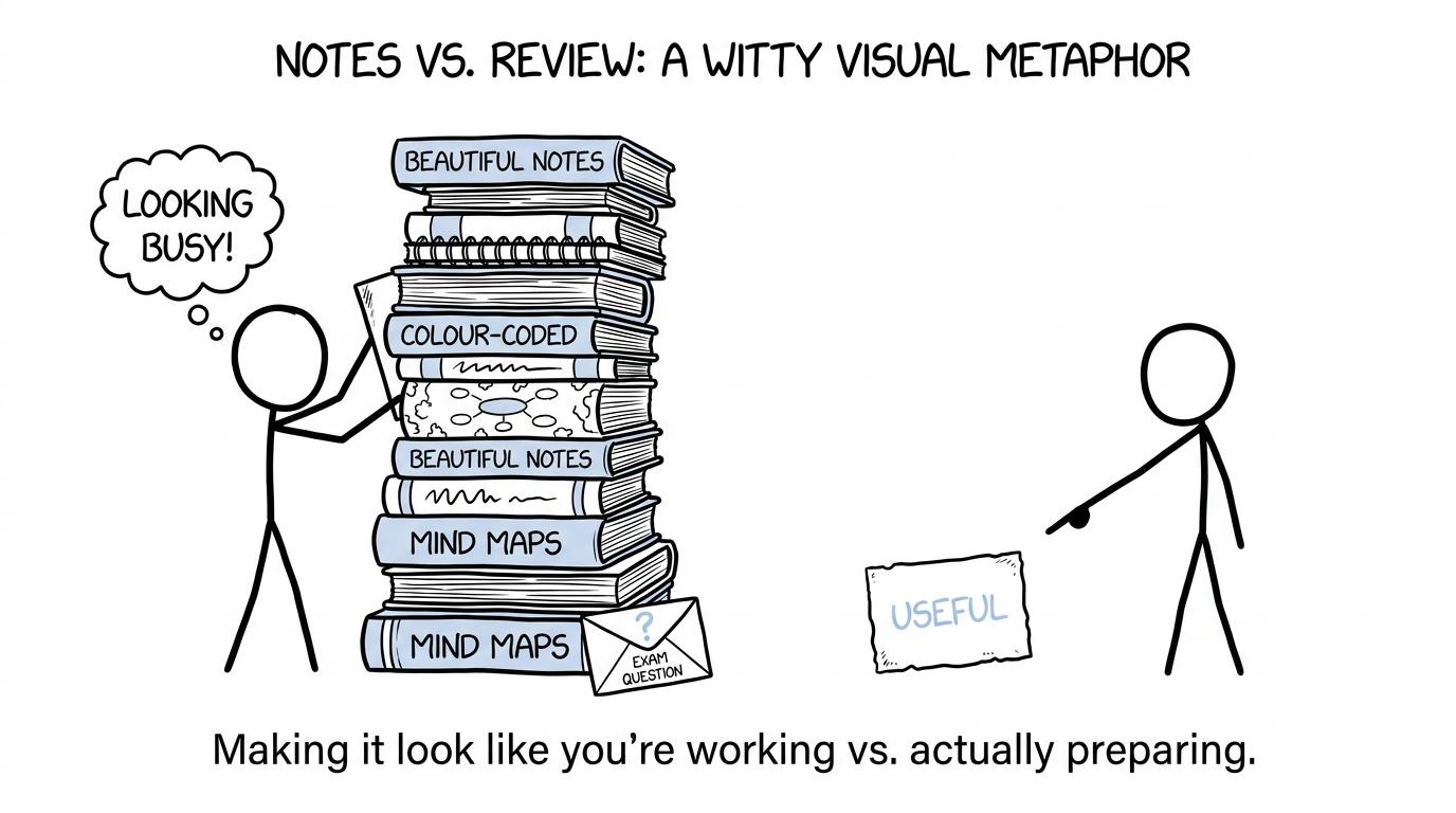 A student discovers that one useful revision card beats a tower of decorative notebooks