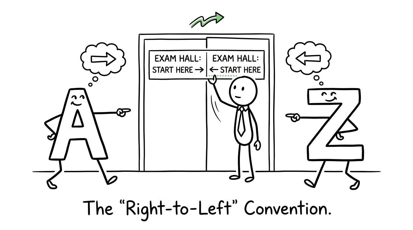 Two alphabets confidently disagreeing about the exam hall direction