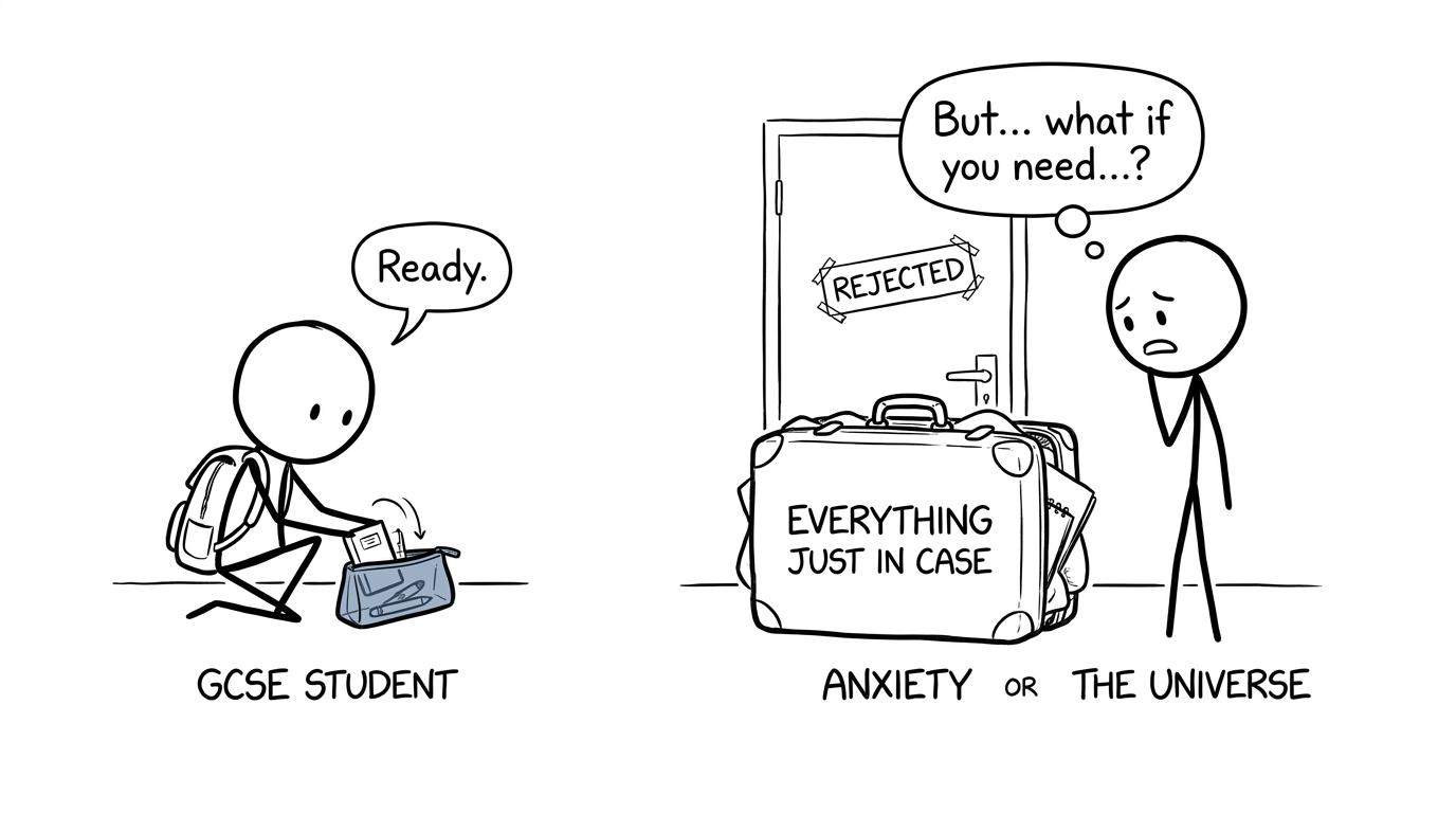 A student rejects an enormous suitcase and packs a tiny clear exam pencil case