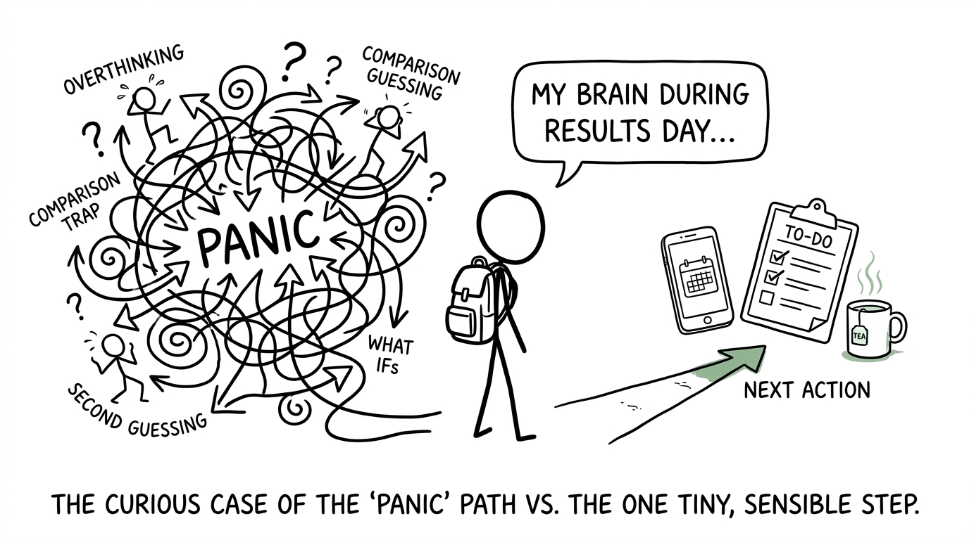 A student chooses the sensible next-action path at a complicated results-day crossroads