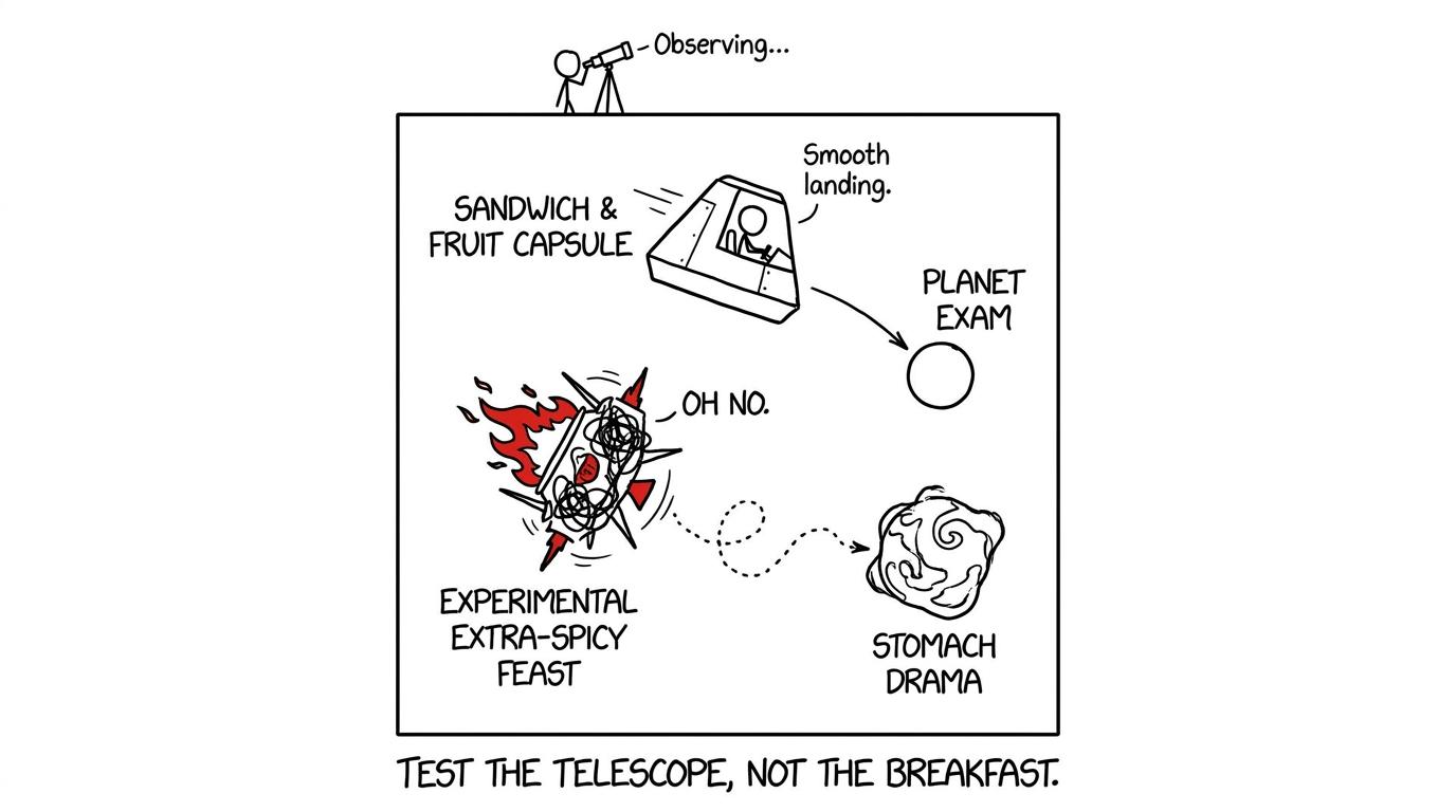 Two lunchbox spacecraft discover why exam day is not the time for an experimental meal