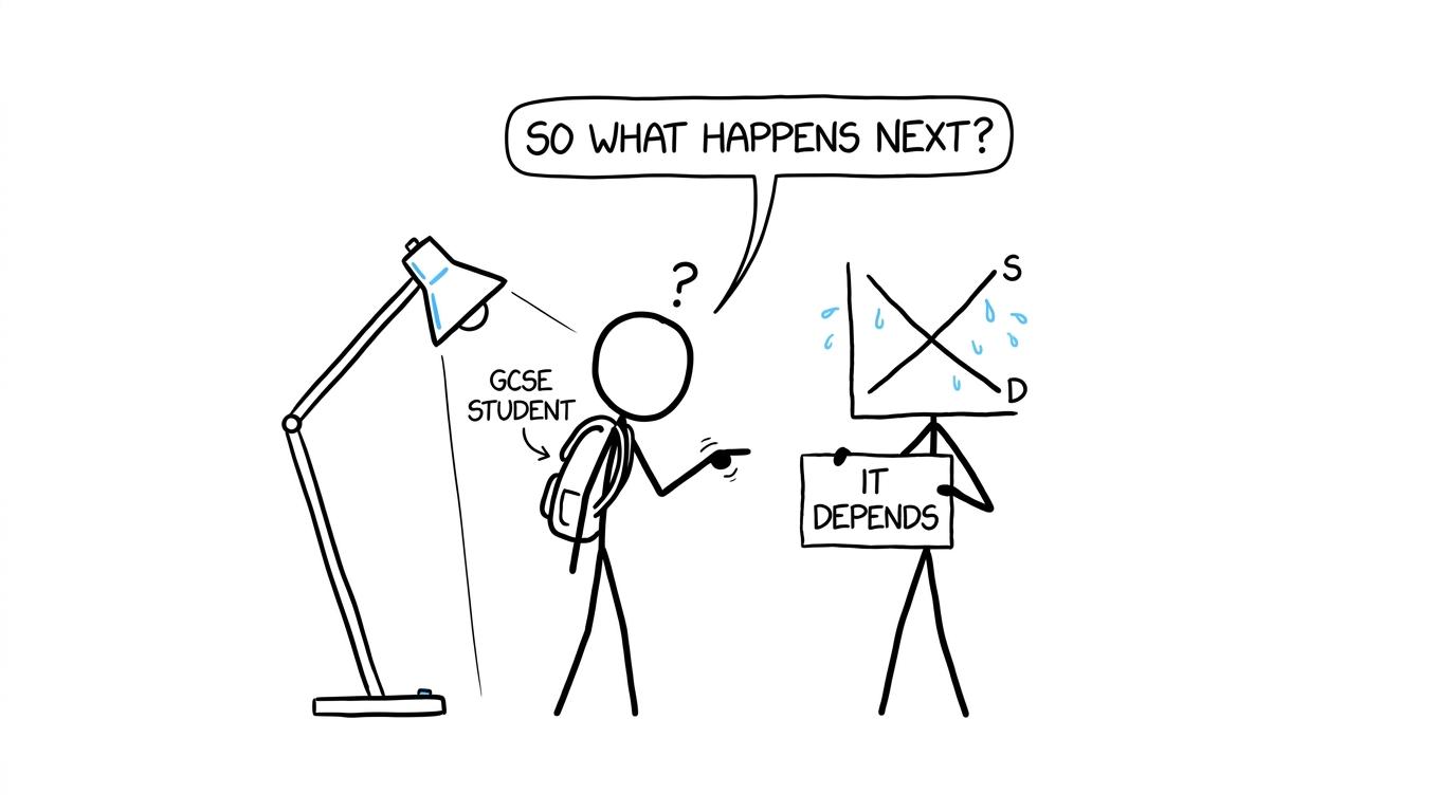 A student asking an economic graph what happens next