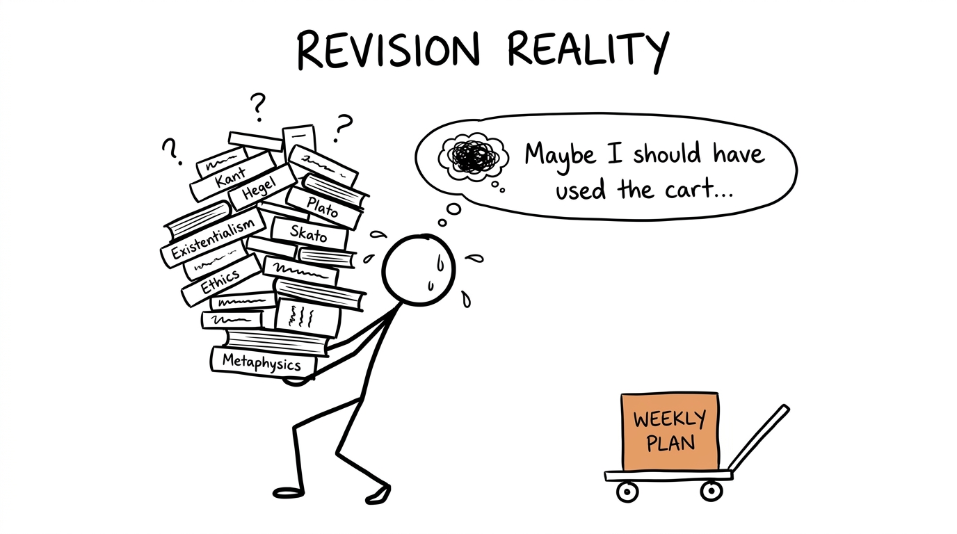 A student carrying too many books while ignoring a weekly revision plan