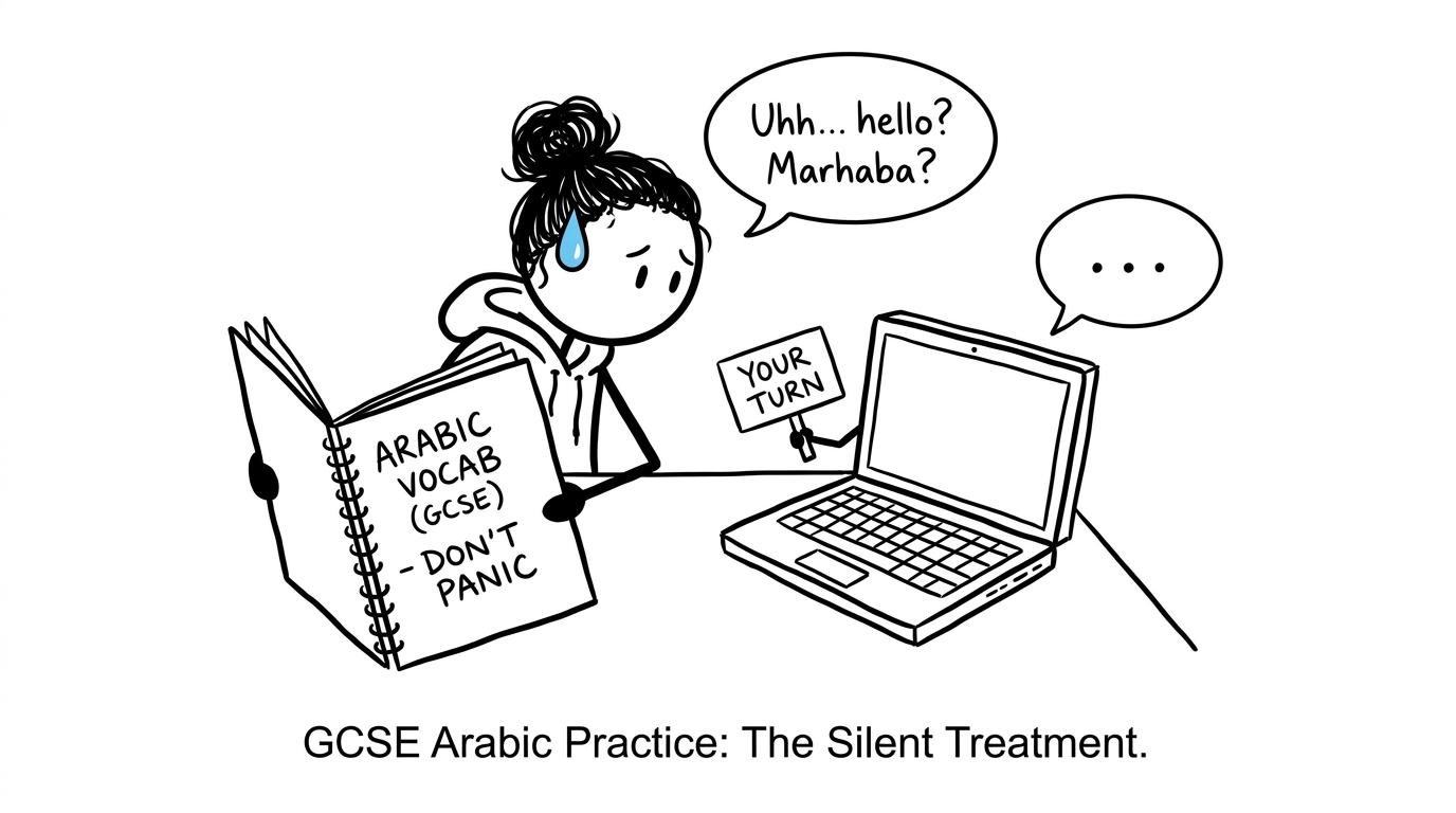 A nervous student attempts speaking practice with a silent laptop