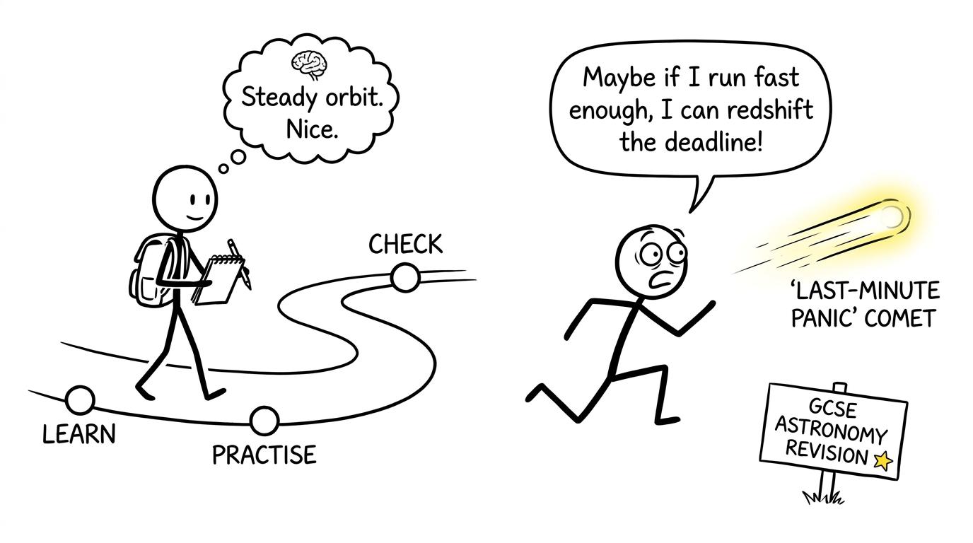 A prepared student follows a revision map while panic chases a comet