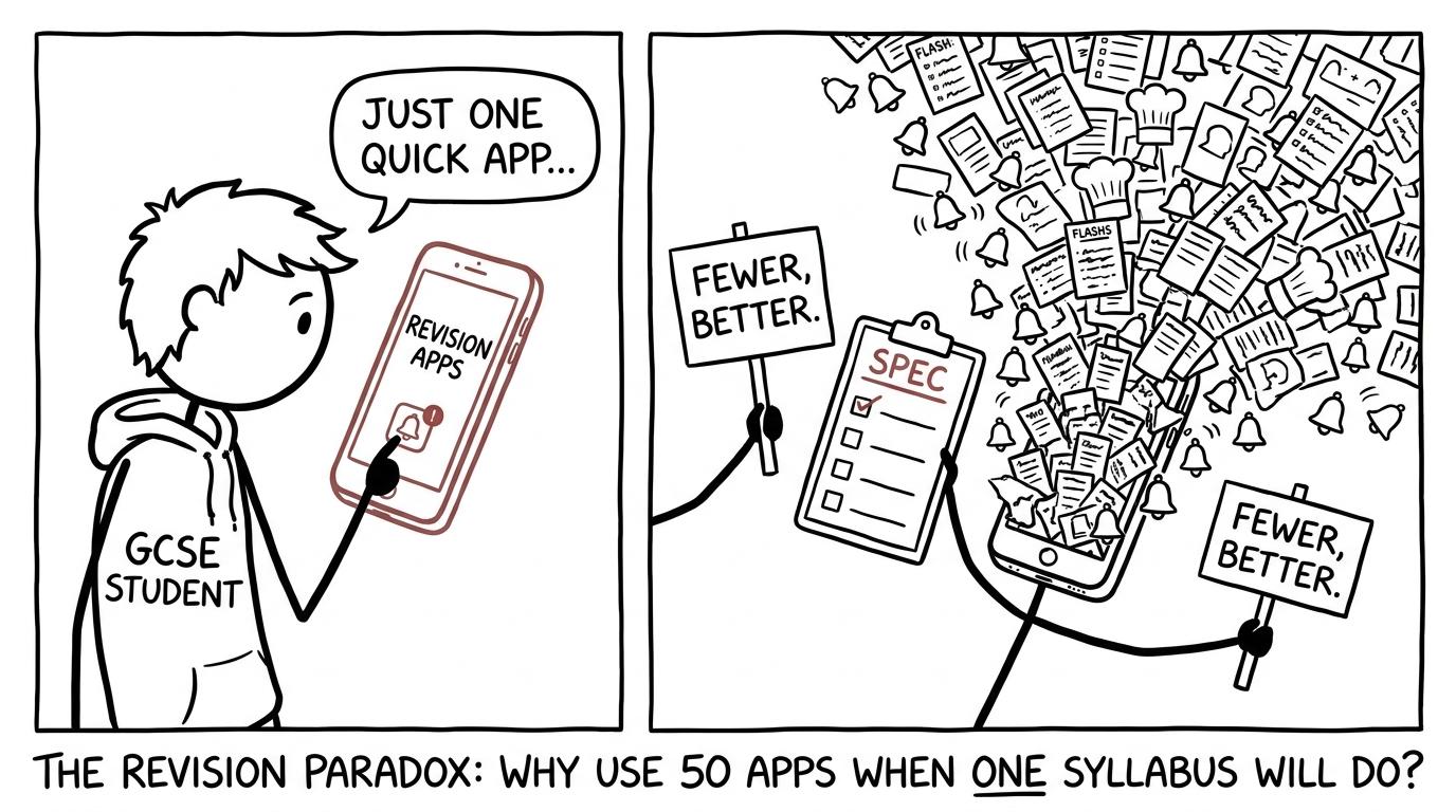 A student calmly chooses a specification checklist while revision apps spill from a phone