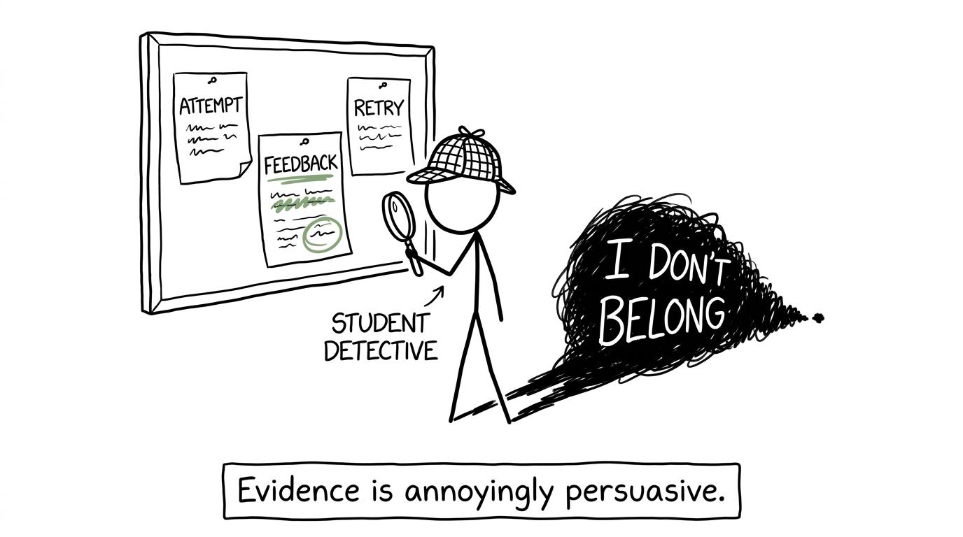 A student detective uses attempts, feedback and retries as evidence