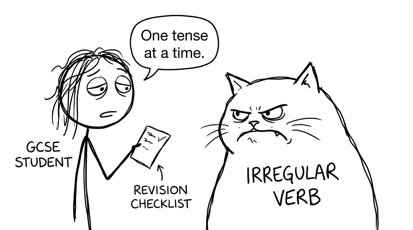 A student calmly confronting an irregular verb one tense at a time