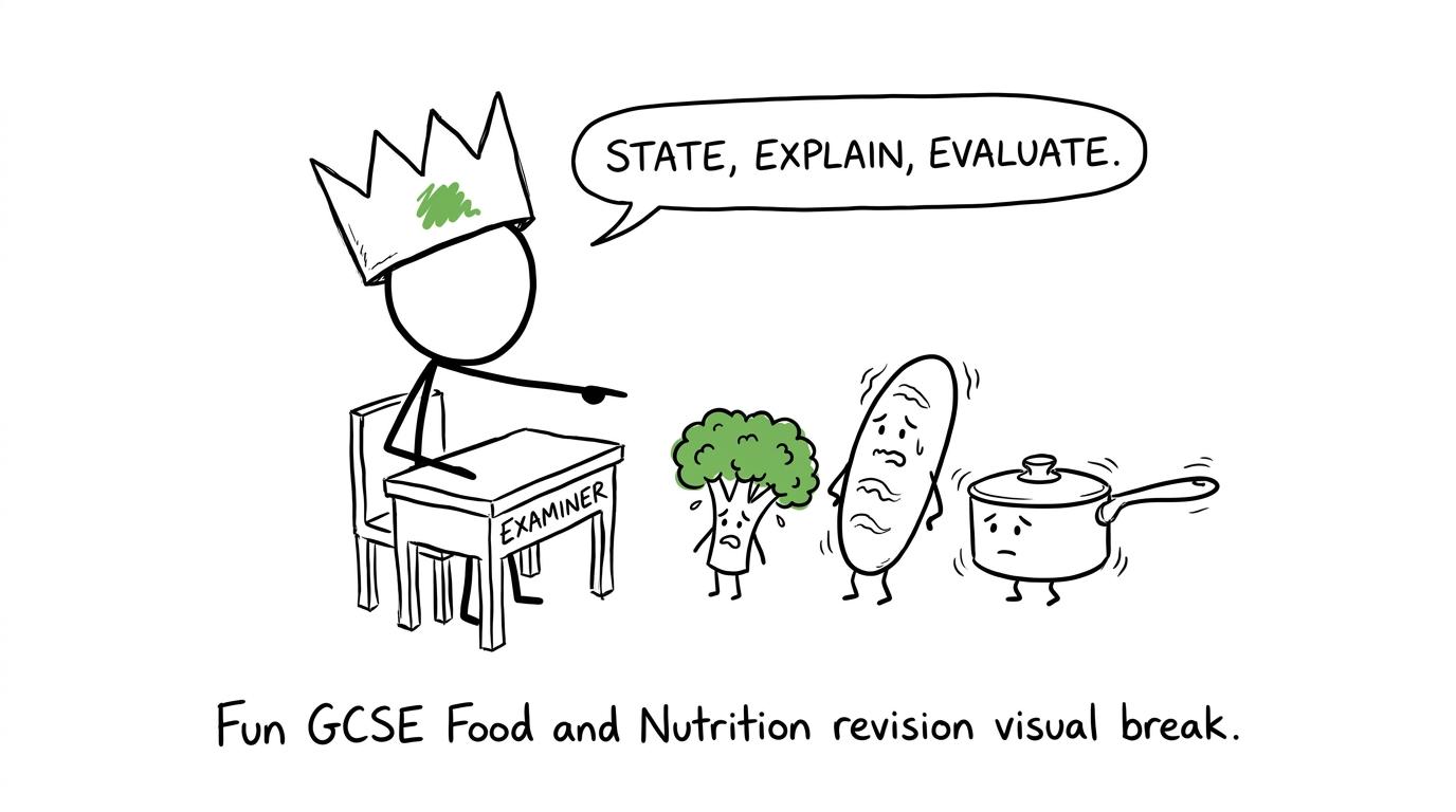 A student examiner questions a broccoli, loaf and saucepan using command words