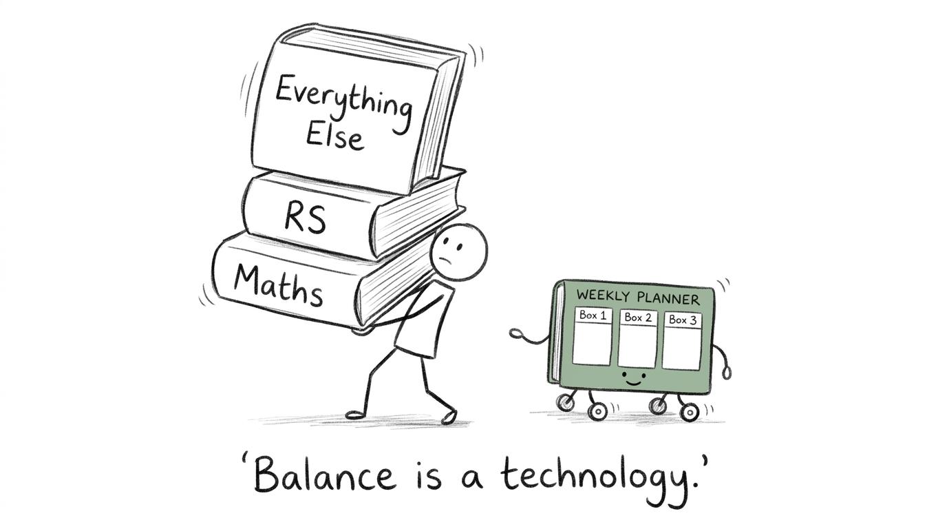 A weekly planner rescuing a student from an impossible stack of subjects