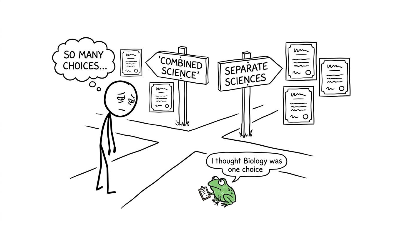 A GCSE student choosing between combined and separate science while a puzzled frog studies the certificates