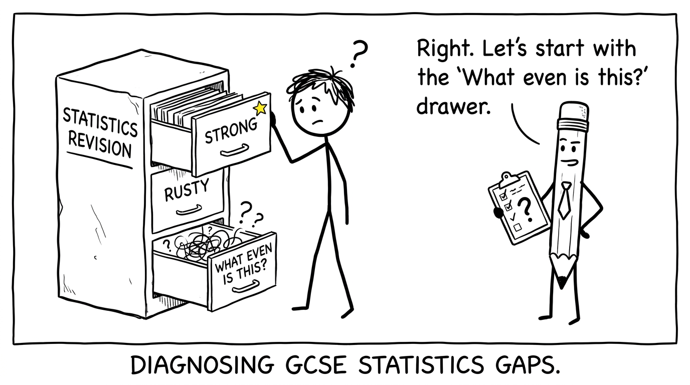 A humorous filing cabinet sorting Statistics topics into different levels of confidence
