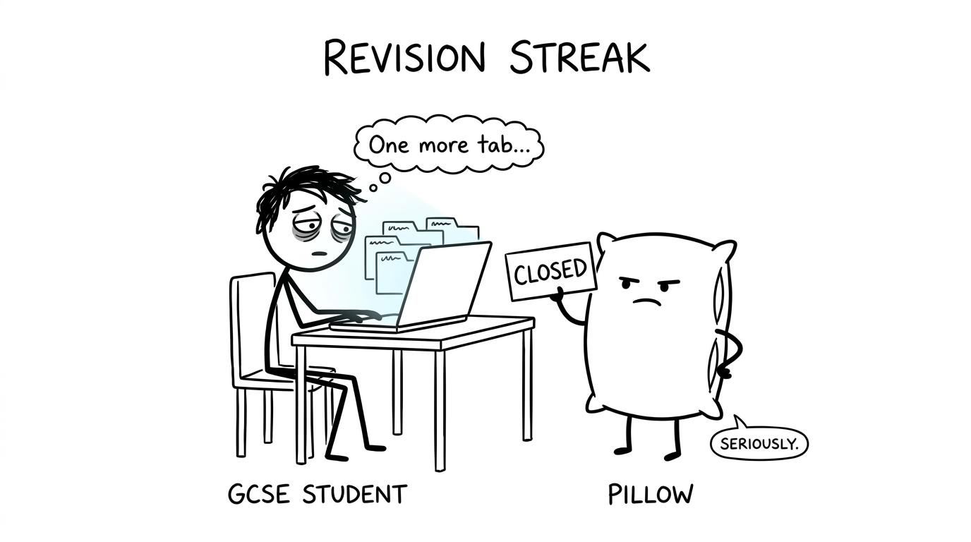 A tired GCSE student negotiates with an impatient pillow after opening one more revision tab