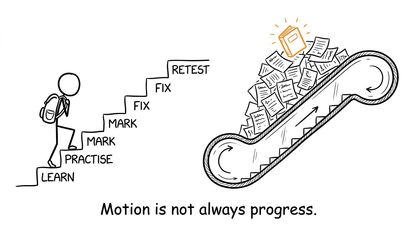 A deliberate revision staircase beside random notes going nowhere