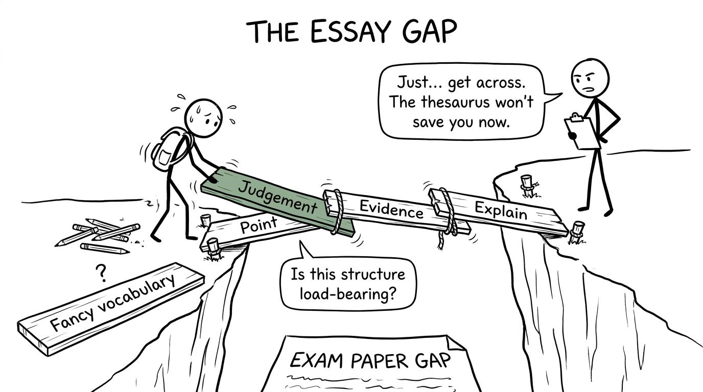 A bridge made from point, evidence, explanation and judgement carries a student across an exam gap