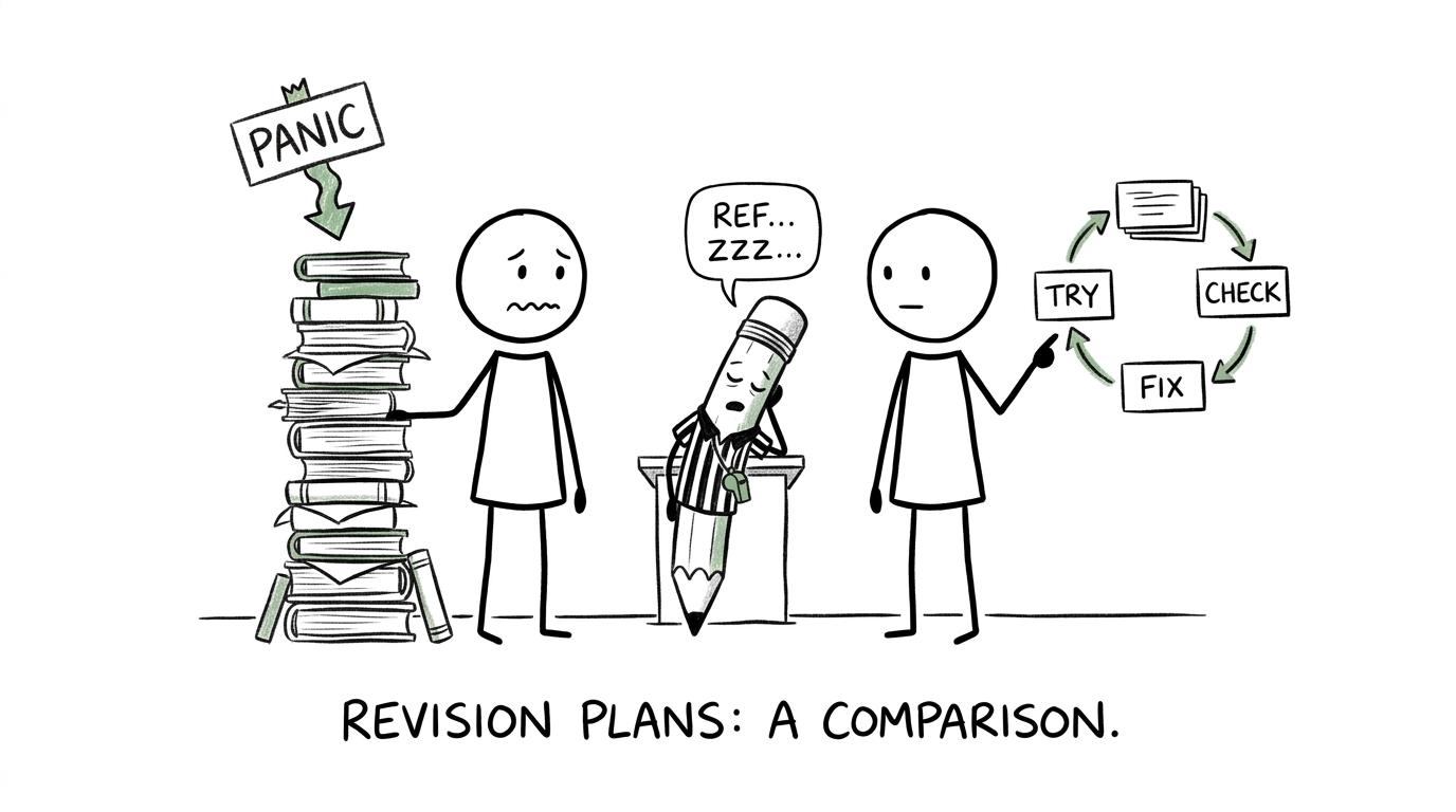 Two revision strategies compete while a pencil referees