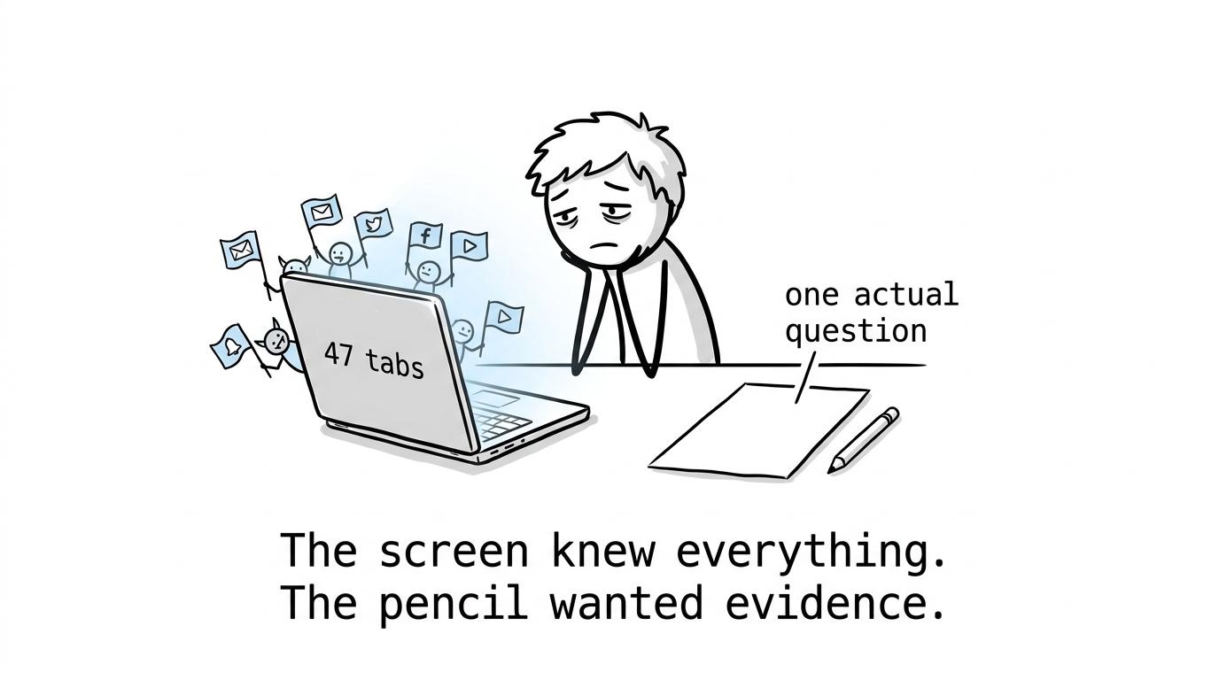 A student choosing between a distracting laptop and one calm paper question