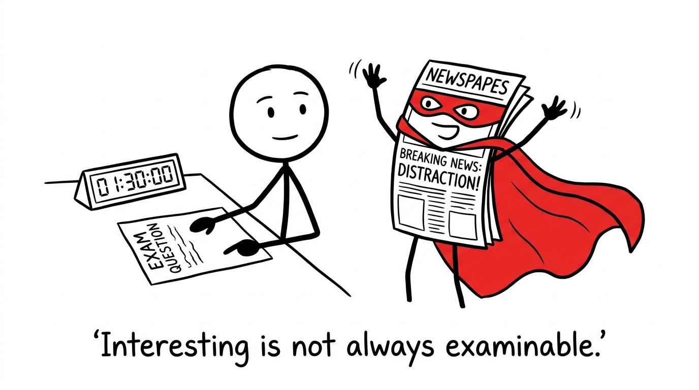 A dramatic newspaper fails to distract a student from purposeful exam practice
