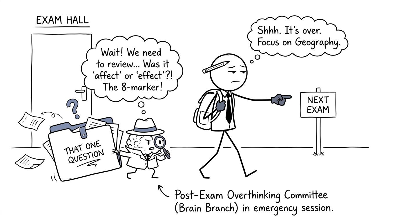 A student leaves the exam while a tiny detective brain tries to reopen the paper
