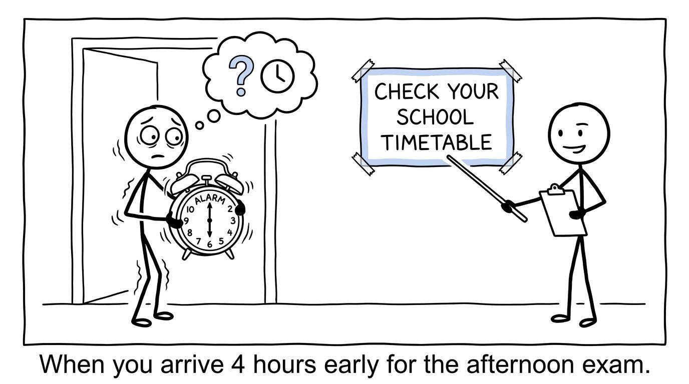 A student arriving early with an alarm clock while an invigilator points towards the school timetable