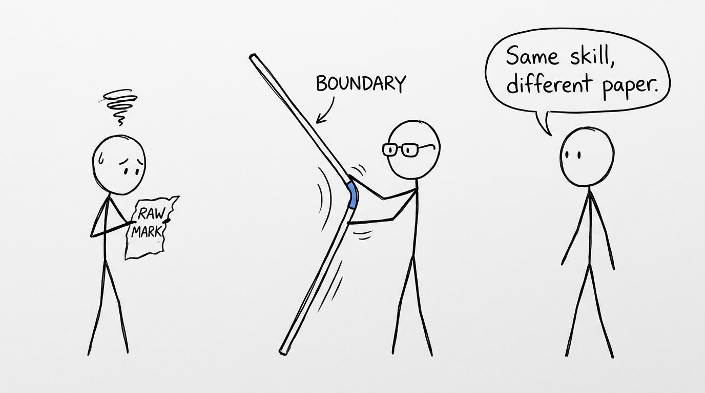 A student watches an examiner adjust a grade boundary