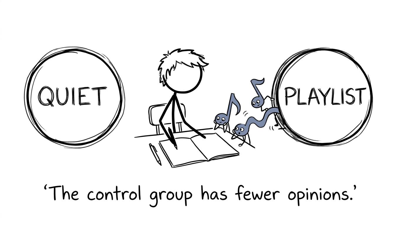 A student choosing between quiet and a revision playlist