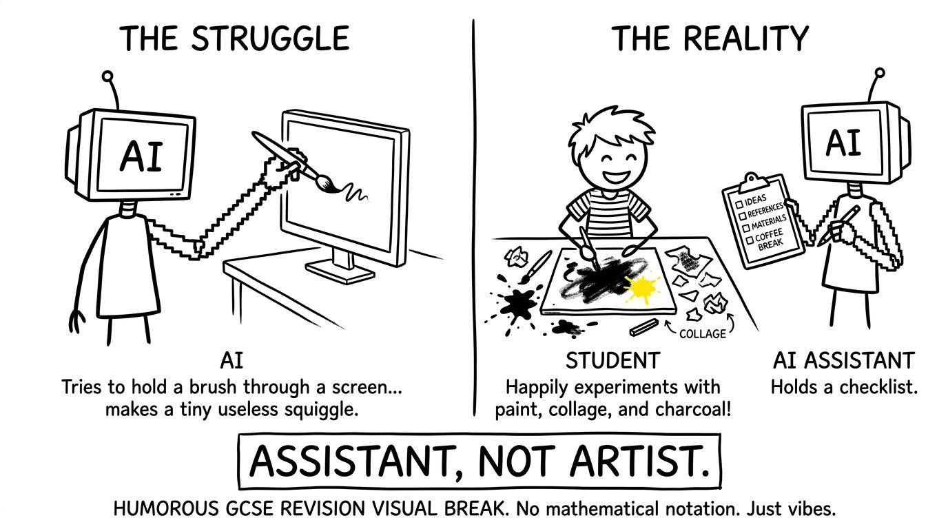 An AI robot holds the checklist while the student makes the artwork