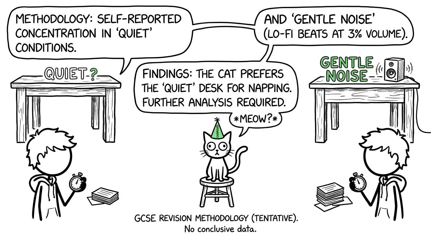 A student testing quiet and gentle-noise revision while a cat acts as examiner